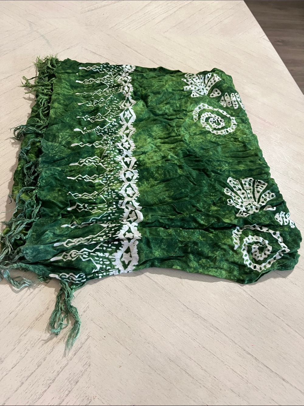 Green Batik Scarf with White Pattern